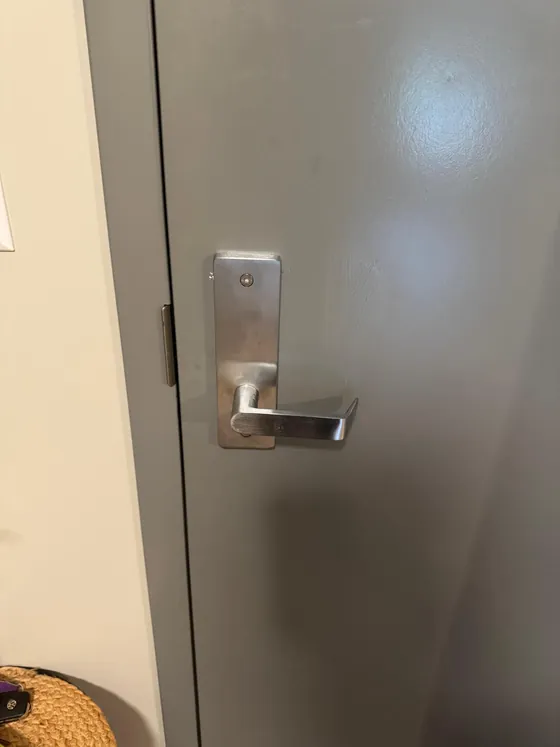 A commercial lever lock on a metal door